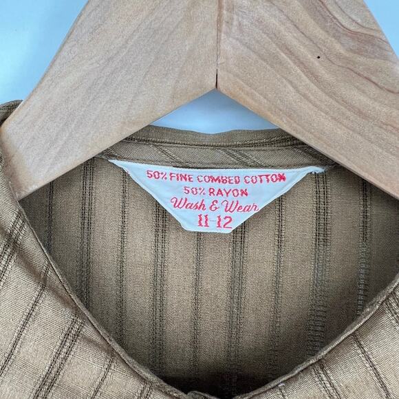 VTG Wash & Wear Brown Pinstriped Ruffled Collar Long Sleeve Dress Girls 11/12 L - Picture 3 of 5